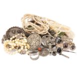 ASSORTED SILVER & JEWELLERY comprising simulated pearls, silver bangle, brooches, rings, pendants,