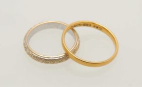 VICTORIAN 22CT GOLD WEDDING RING, size N, 2.0g; and 22ct white gold engraved wedding ring, size J,