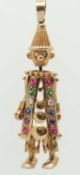 9CT GOLD GEM SET ARTICULATED CLOWN PENDANT, 62mms, 12.6g Provenance: private collection Cheshire