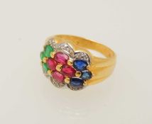 18CT GOLD MULTI GEM SET DRESS RING, set with small oval cut rubies, sapphires, and emeralds,
