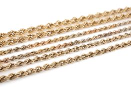 THREE 9CT GOLD ROPE TWIST NECKLACES, one 62cms (l), 12.5g; one 63cms (l), 6.6g; and the third a 3-