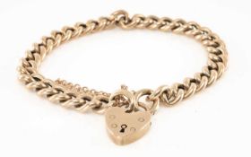 9CT GOLD CURB LINK BRACELET, heart shaped padlock, safety chain, 13.2gms Provenance: deceased estate