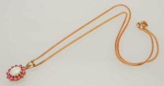 9CT GOLD OPAL & RUBY CLUSTER PENDANT NECKLACE, pendant 20mms drop, 43.5cms (l), 4.6g Provenance:
