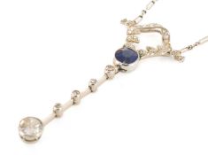 ANTIQUE WHITE METAL SAPPHIRE & DIAMOND PENDANT ON CHAIN, twist and petal design above single