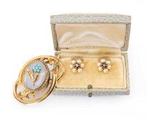 PAIR OF YELLOW METAL SAPPHIRE & PEARL EARRINGS, flowerhead design, in vintage box, with yellow metal