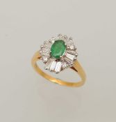 18CT GOLD EMERALD & DIAMOND CLUSTER RING, central oval-cut emerald approx. 0.25cts, bordered with