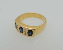 GENT'S SAPPHIRE & DIAMOND RING, three oval cut sapphires approx. 0.5ct each, gypsy set with six tiny