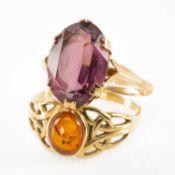TWO 9CT GOLD RINGS, one set with amethyst, the other with amber, total wt. approx. 4.4g (2)