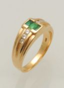 14CT GOLD EMERALD & DIAMOND DRESS RING, centred with three emerald baguettes, bordered with six