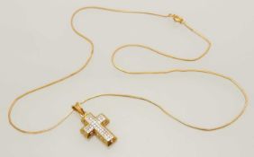 18CT GOLD DIAMOND CROSS-FORM PENDANT NECKLACE, cross pavé set with small square-cut diamonds,
