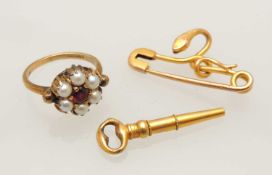 9CT GOLD GARNET & PEARL DRESS RING, size J, 3.1g; gold coloured serpent bar brooch, indistinctly