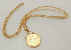 EDWARD VII HALF-SOVEREIGN, 1907, in a 9ct gold pendant mount, suspended from a 9ct gold belcher