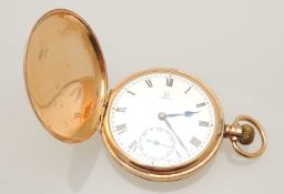 OMEGA 9CT GOLD CASED CROWN WIND HUNTER POCKET WATCH, white dial with subsidiary seconds, gold