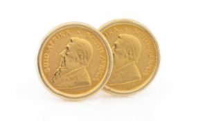 PAIR OF 1/10 KRUGERRAND COINS, 1994, set in yellow metal cufflink mounts, 13.1gms gross (2)
