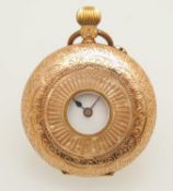 SWISS 14CT GOLD-CASED LADIES' FOB WATCH, 37mms (diam.), crown wind lever movement, base metal