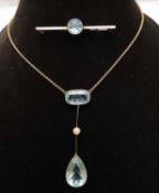 EDWARDIAN 9CT GOLD AQUAMARINE & PEARL PENDANT NECKLACE, pendant set with a pear-cut aquamarine of