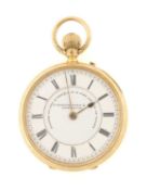 VICTORIAN 18CT GOLD OPEN FACE POCKET WATCH, white enamel stepped dial, Roman numerals, outer