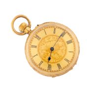 18K GOLD FANCY FOB WATCH, open face, circular gilt dial with Roman numerals, scroll and foliate