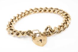 9CT GOLD CURB LINK BRACELET, heart shaped padlock, safety chain, 45.5gms Provenance: private