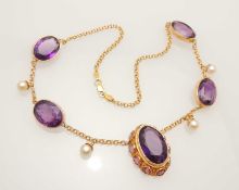 CONTINENTAL AMETHYST & PEARL NECKLACE, set with five oval cut amethysts in collet mounts, largest