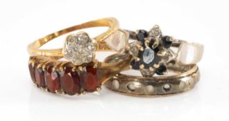 FOUR LADIES' RINGS, including 9ct white gold sapphire & diamond cluster ring, yellow metal and