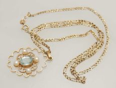 9CT GOLD AQUAMARINE & PEARL OPEN PENDANT, 32mms drop, suspended from a 9ct gold figaro necklace,
