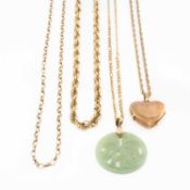 9CT GOLD JEWELLERY comprising two chains, heart shaped locket on 9ct gold chain, jade pendant on 9ct