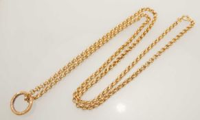 9CT GOLD BELCHER CHAIN NECKLACE, 71cms (l), with an engraved ring clip, 14.5g Provenance: private