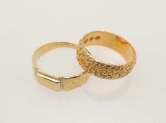 18CT GOLD FOLIATE ENGRAVED WEDDING RING, London 1909, size O, 5.2g; and an unmarked yellow metal