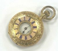 SWISS 18CT GOLD AND ENAMELLED LADY'S FOB WATCH, c. 1900, 15 jewel lever movement, crown wind (