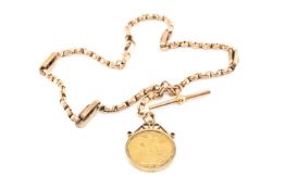 9CT GOLD ALBERT CHAIN, trombone and oval link chain, T-bar, with George V gold sovereign, 1914, in