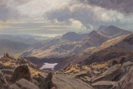 ‡ DAVID WOODFORD oil on board - Eryri (Snowdonia) landscape, Massif from Glyder Fach, signed, 27 x