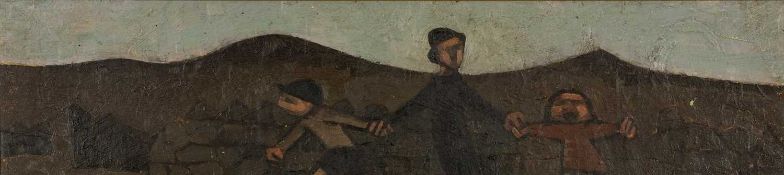 ‡ VICTOR NEEP oil on board - entitled verso, 'Figures in a Landscape', dated verso '79, 17 x 74cms