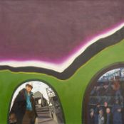 ‡ TERRY JONES oil on canvas - untitled Rhymney valley scene with miners, 120 x 120cms Provenance: