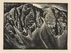 ‡ JOHN PETTS wood engraving - entitled verso 'Y Graig Yr Ysfa' on Oriel Tegfryn Gallery label, dated