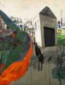 ‡ TERRY JONES oil on canvas - untitled street scene with standing figure, signed verso, 91 x 71cms