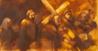 ‡ MARY GRIFFITHS oil on paper - crucifixion scene, 29 x 56cms Provenance: private collection Cardiff