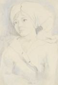 ‡ CLAUDIA WILLIAMS pencil and blue crayon - entitled verso, 'Girl, Head in Towel', signed and