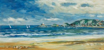 ‡ GEORGE LITTLE oil on board - entitled verso, 'Mumbles Lighthouse and Pier from West Cross', signed