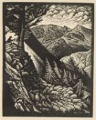 ‡ JOHN PETTS wood engraving - entitled verso 'Nant Ffrancon Flock' on Oriel Tegfryn Gallery label,