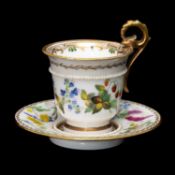 SWANSEA PORCELAIN CABINET CUP & SAUCER circa 1815-17, bell-shaped cup applied with beaded collar,