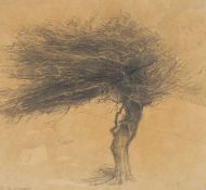 ‡ DAVID WOODFORD pencil on paper - tree in high wind, signed, 24 x 26cms Provenance: private