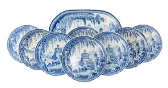 SWANSEA CAMBRIAN POTTERY 'MONOPTEROS' blue and white transfer pattern platter, 49cms (diam.) and