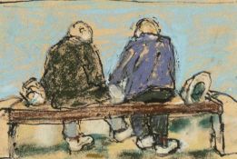 ‡ CLAERWEN HOLLAND ink and pastel - entitled verso, 'Two Men on a Bench, Aberystwyth' on Thackeray