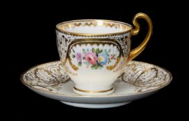 RARE SWANSEA PORCELAIN CUP & SAUCER circa 1815-17, Paris flute moulded, elaborately gilded with