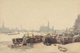 ‡ GYRTH RUSSELL watercolour - London barges and industry along the Thames, signed, 37 x 56cms