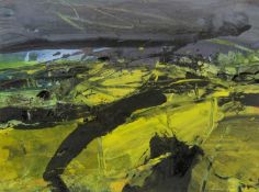 ‡ DAVID TRESS mixed media with paper construction - abstract, green landscape, signed and dated '95,