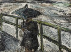 ‡ EMRYS WILLIAMS oil on panel - entitled verso 'Woman with Umbrella 1', on Benjamin Rhodes Gallery