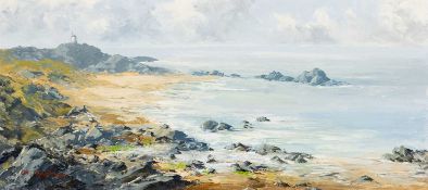 ‡ CHARLES WYATT WARREN oil on board - Llanddwyn from Traeth Penrhos, Ynys Môn (Anglesey), signed, 25