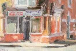 ‡ MARK SAMUEL oil on board - entitled verso, 'Corner Shop' on Martin Tinney Gallery label, signed